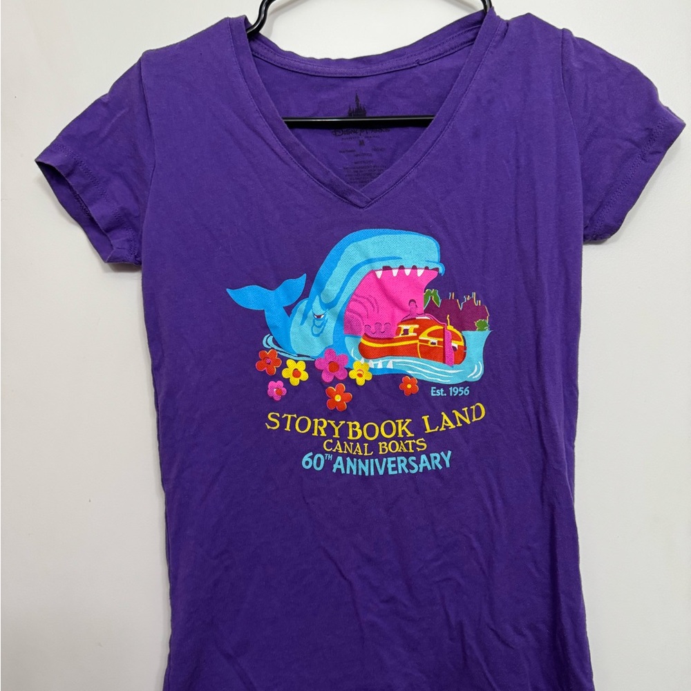 Disneyland Storybook Canal Boats Monstro Purple V Neck Shirt XS 60th Anniversary